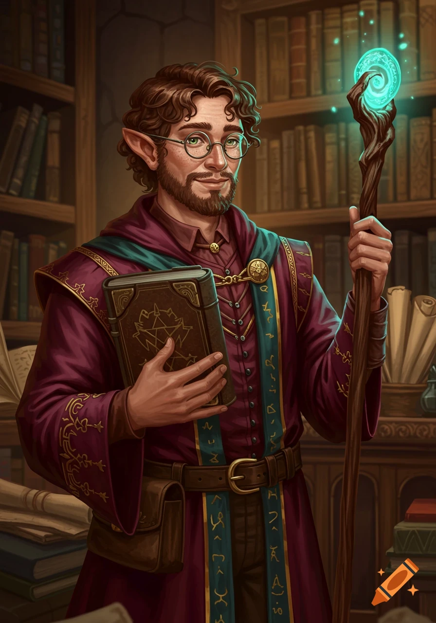 A male elf-like scholar with curly brown hair, glasses, and a beard holds a magic staff and a spellbook in a library. Detailed illustration.