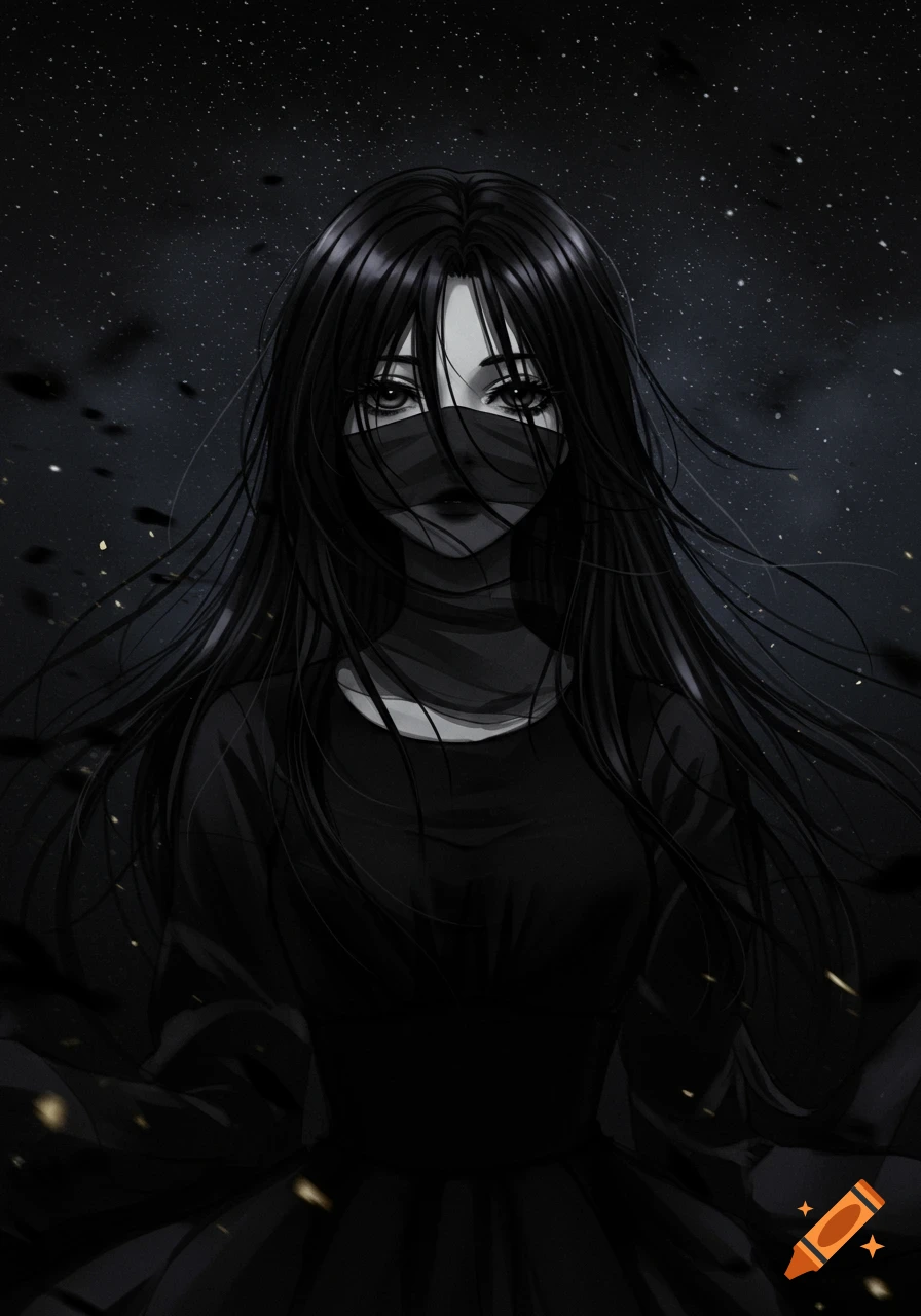 An anime girl with long black hair, her face covered by a black cloth, stands against a dark, starry background.
