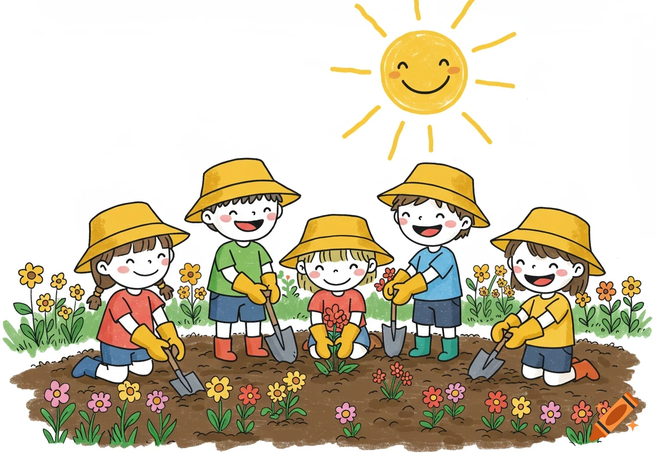 Five happy cartoon children in yellow hats and gloves planting colorful flowers in a garden under a smiling sun. Cartoon line art style.