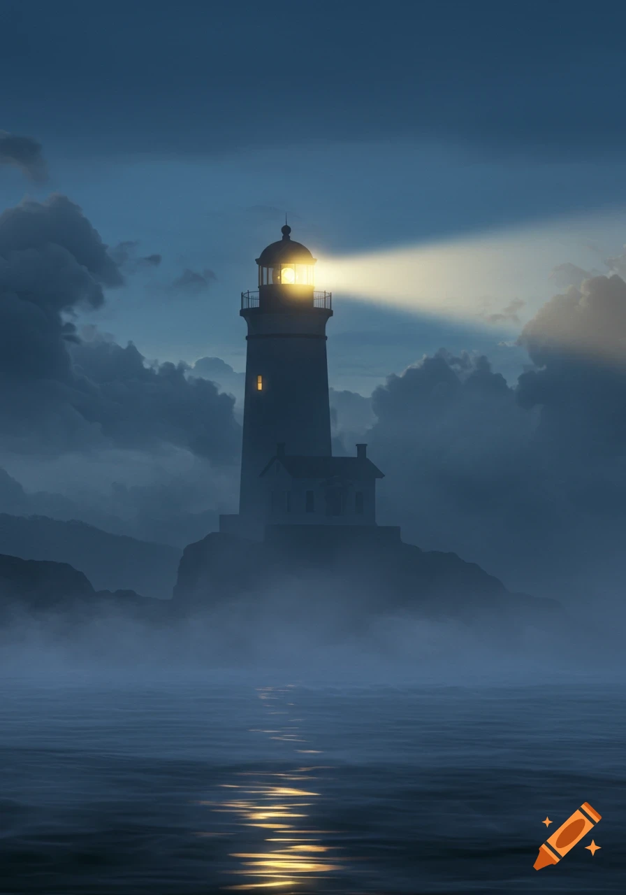A glowing lighthouse stands tall amidst dense fog over dark water, reflecting its light onto the rippling surface.