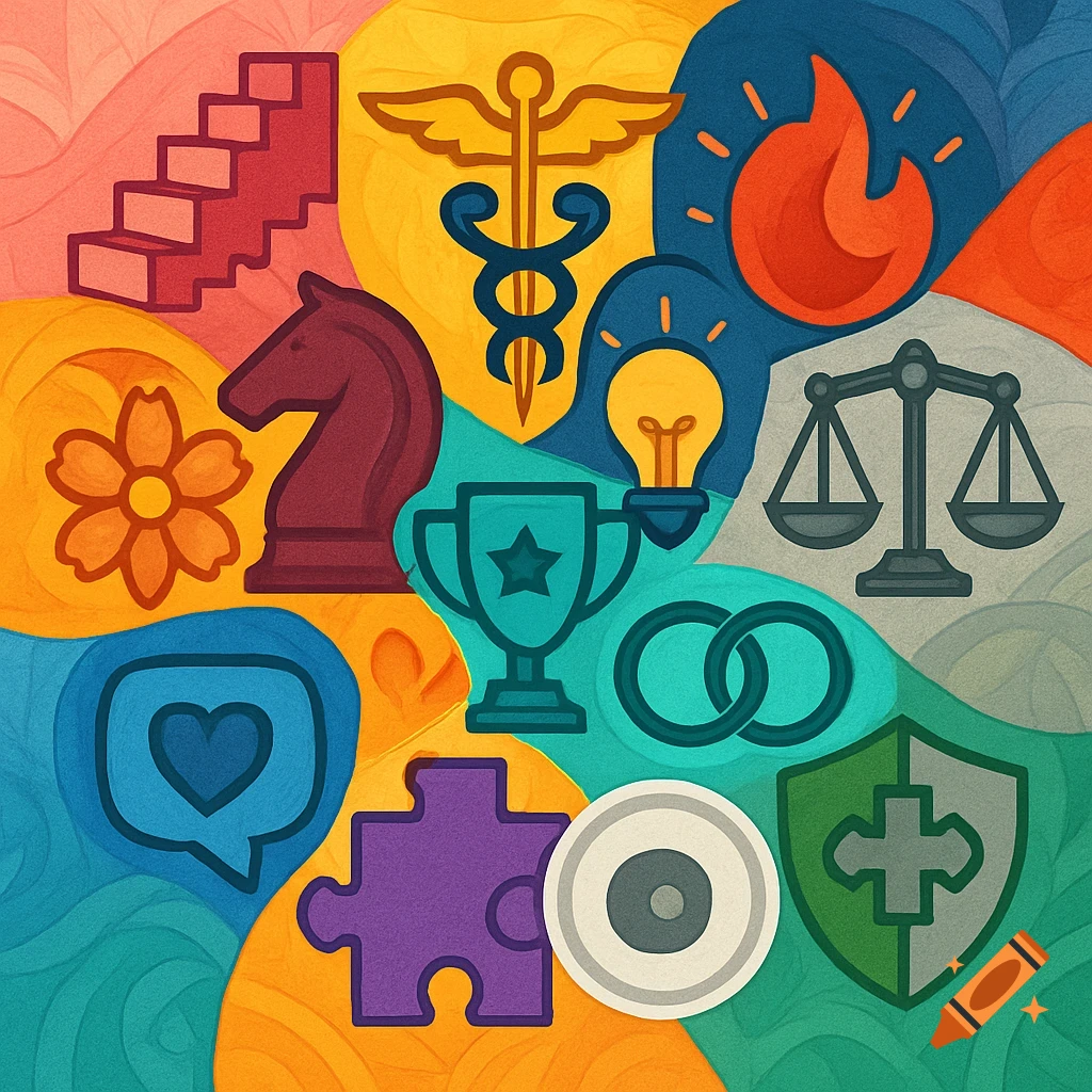 A vibrant, abstract collage of diverse symbols including a staircase, caduceus, flame, chess knight, trophy, scales, light bulb, heart, flower, puzzle, rings, camera lens, and shield on a textured background.