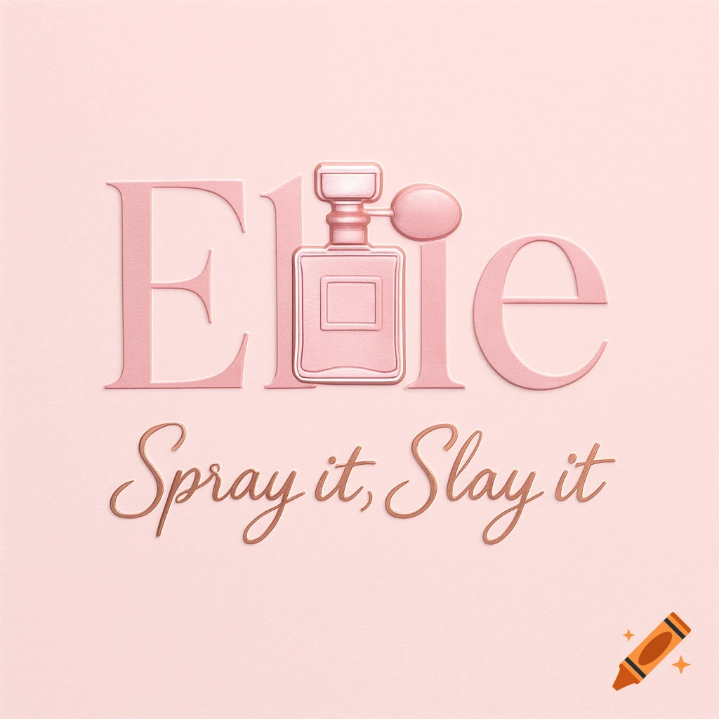 A pink logo with 'Elle' featuring a perfume bottle as the 'l', and 'Spray it, Slay it' below, in a raised, textured style.