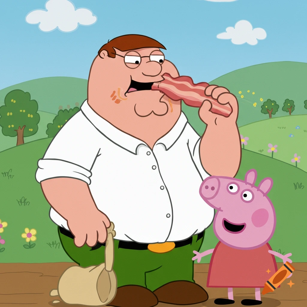 Cartoon Peter Griffin eats bacon, grease on his face, while Peppa Pig stands next to him in a field.