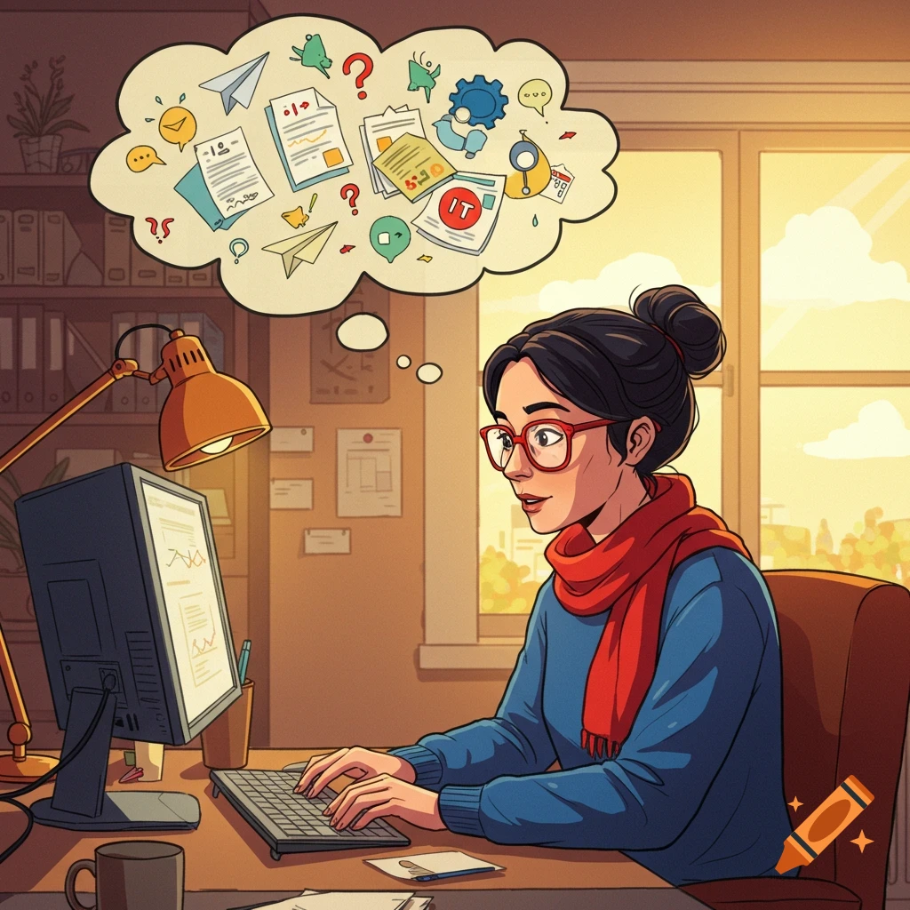A woman with a red scarf and red glasses works at a computer in comic style, with a thought bubble above her head showing documents and IT symbols.