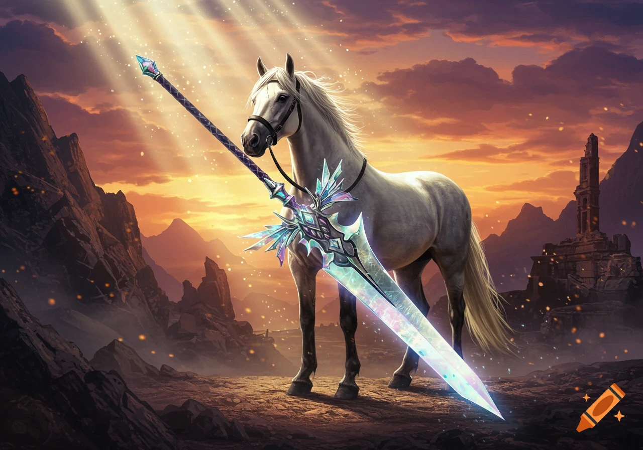 Majestic white horse in a fantasy sunset landscape with a large glowing crystalline sword leaning against it.