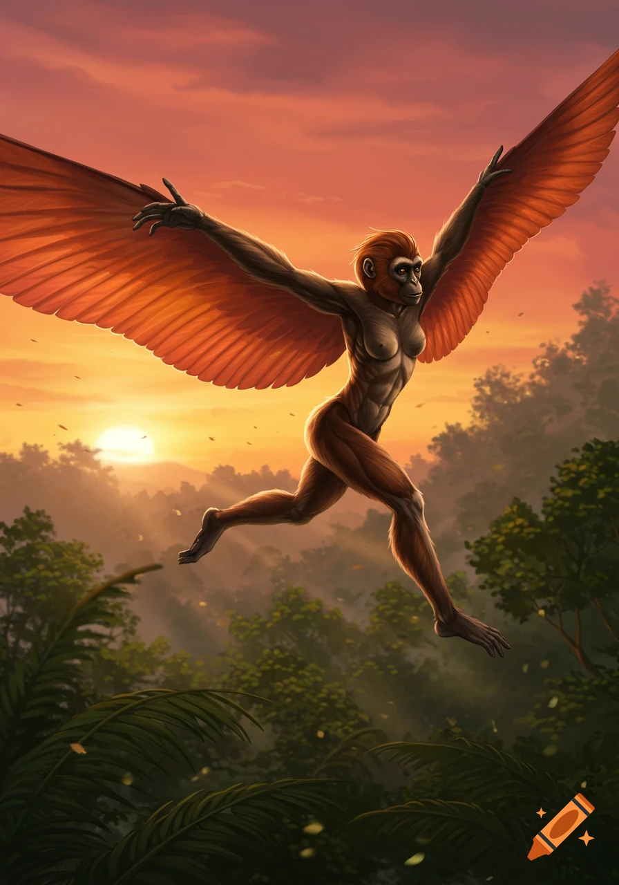 A winged simian humanoid creature with reddish-brown fur flies over a lush green jungle at sunset, against an orange and pink sky.