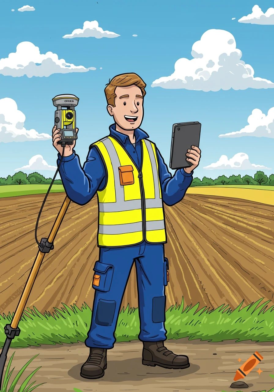 A smiling cartoon land surveyor in a high-visibility vest holds a GNSS receiver and a tablet in a rural field with trees under a blue sky.