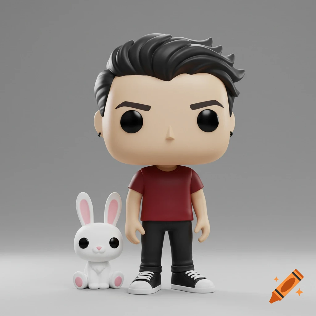A male Funko Pop figure with black hair, a red shirt, black jeans, and sneakers stands beside a white Funko Pop bunny on a gray background.