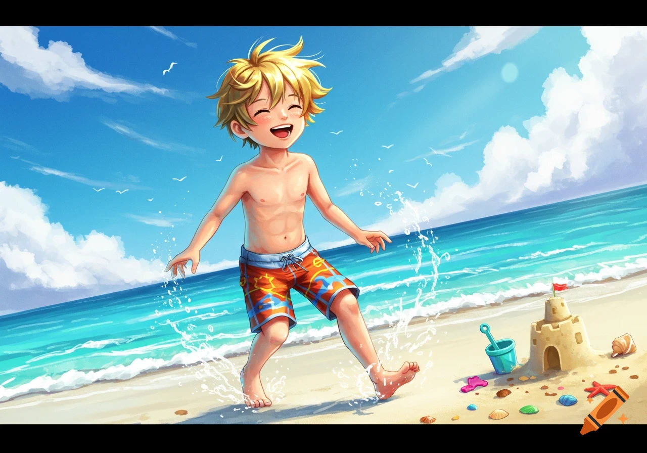 Anime-style blonde boy laughing and splashing water at a sunny beach with a sandcastle and shells.