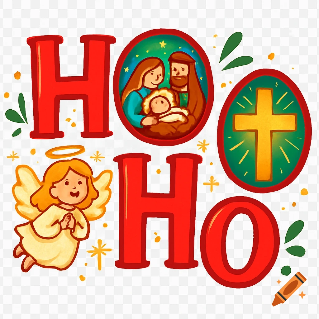 A festive cartoon illustration spelling "HO HO HO" with an angel, Nativity scene, and Christian cross inside the "O"s.
