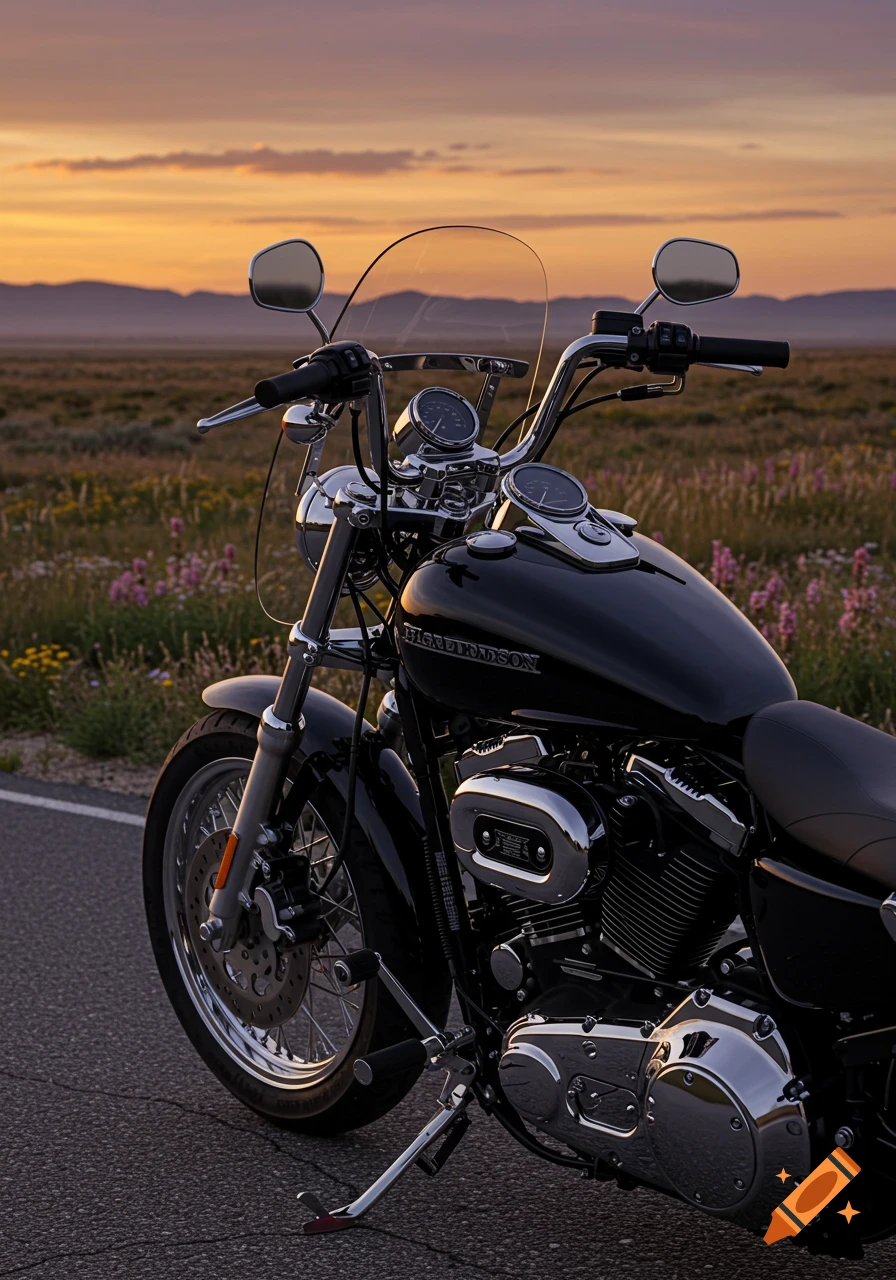 Black Harley-Davidson motorcycle parked on a road at sunset, with mountains and wildflowers in the background, photorealistic style.