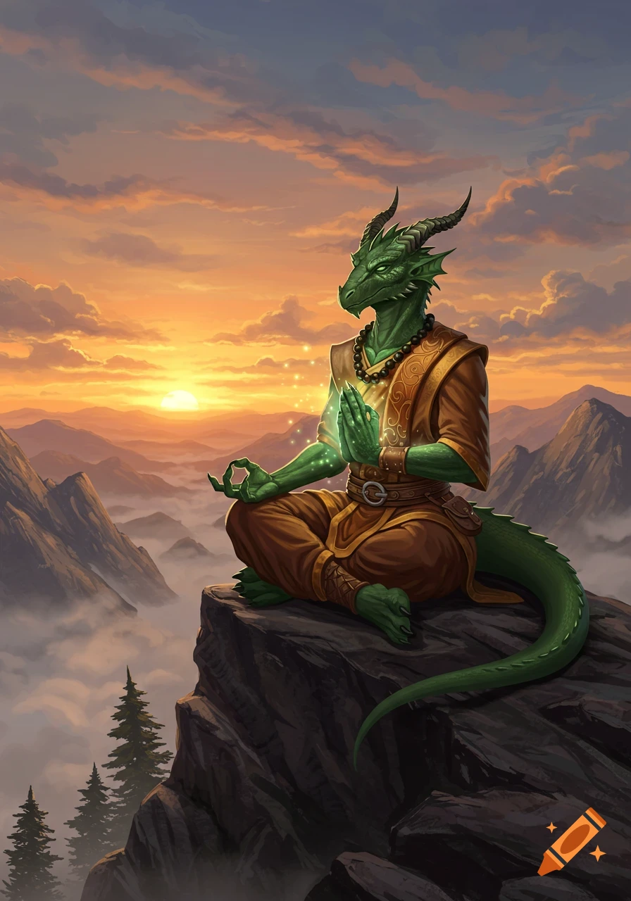 Green dragonborn in monk robes meditating on a mountain peak at sunset, overlooking misty valleys, with glowing hands.