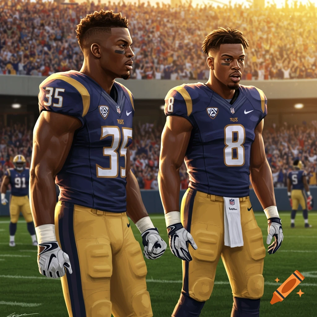 Two muscular football players in blue and gold uniforms with numbers 35 and 8 standing on a field in a stadium at sunset.