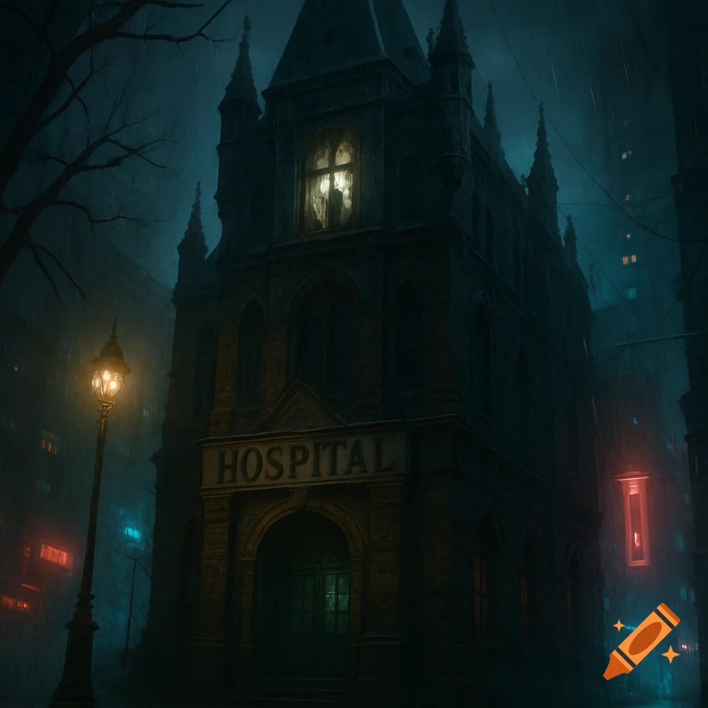 A dark, gothic hospital in a rainy cyberpunk city at night, with glowing streetlights and neon signs.