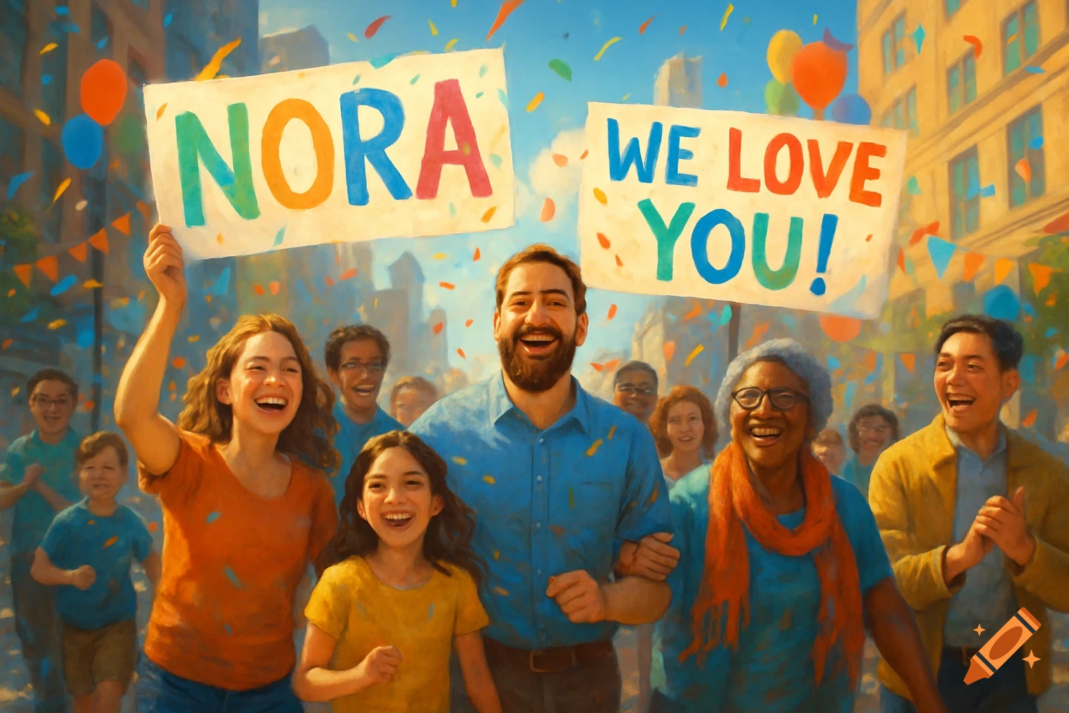 A joyful crowd of diverse people celebrating in a city street with confetti and balloons, holding signs that say 'NORA' and 'WE LOVE YOU!'
