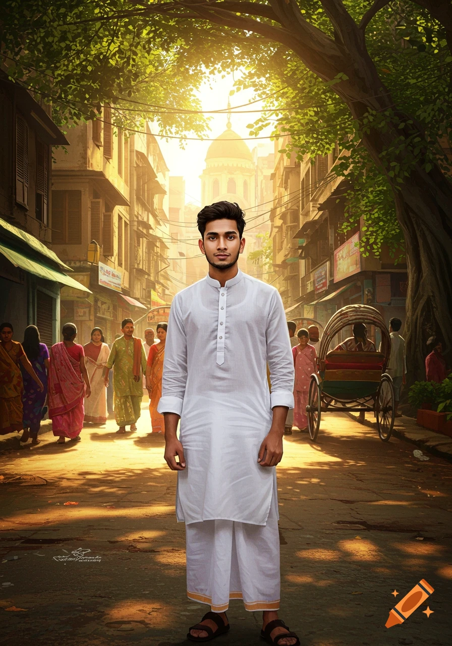 A young man in a white kurta and dhoti stands on a sunlit street in a bustling South Asian city, with buildings and people in the background.