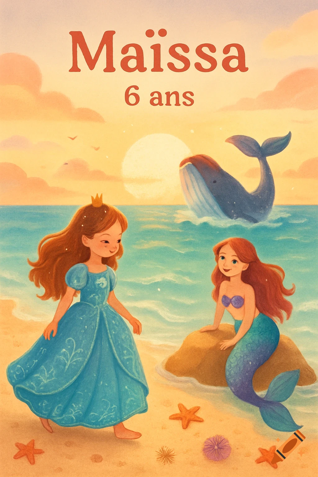 Cartoon illustration of a princess and a mermaid on a sunny beach with a whale, text reads "Maïssa 6 ans".