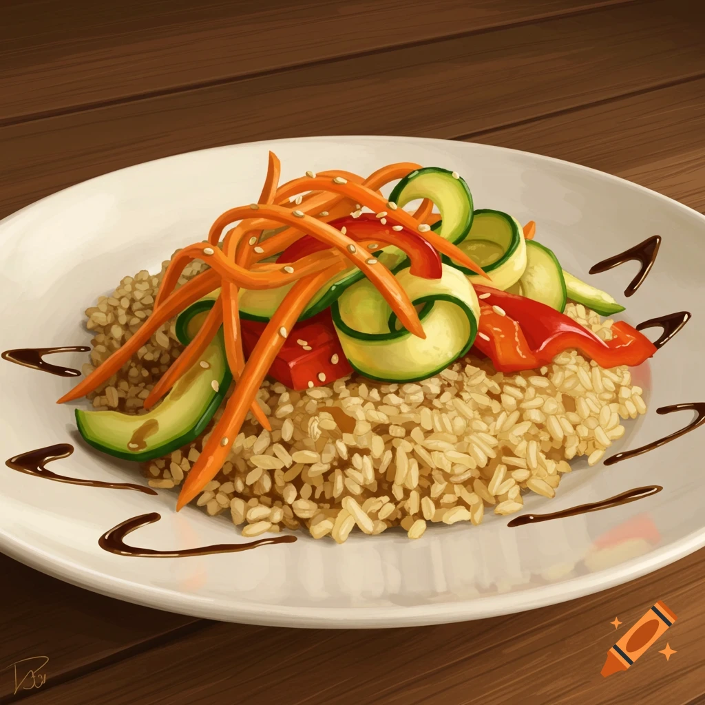 Stylized illustration of a rice dish topped with sliced carrots, zucchini, red pepper, sesame seeds, and balsamic drizzle.