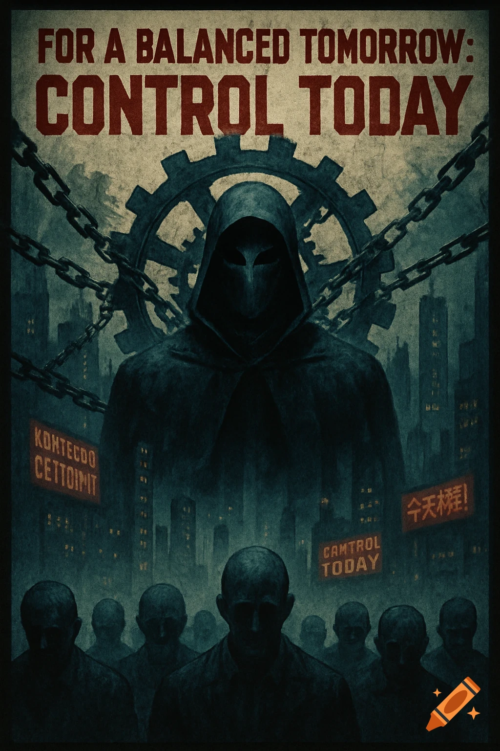 A dystopian propaganda poster with a hooded figure, chains, and a gear over a city skyline and a crowd, with the slogan "FOR A BALANCED TOMORROW: CONTROL TODAY".