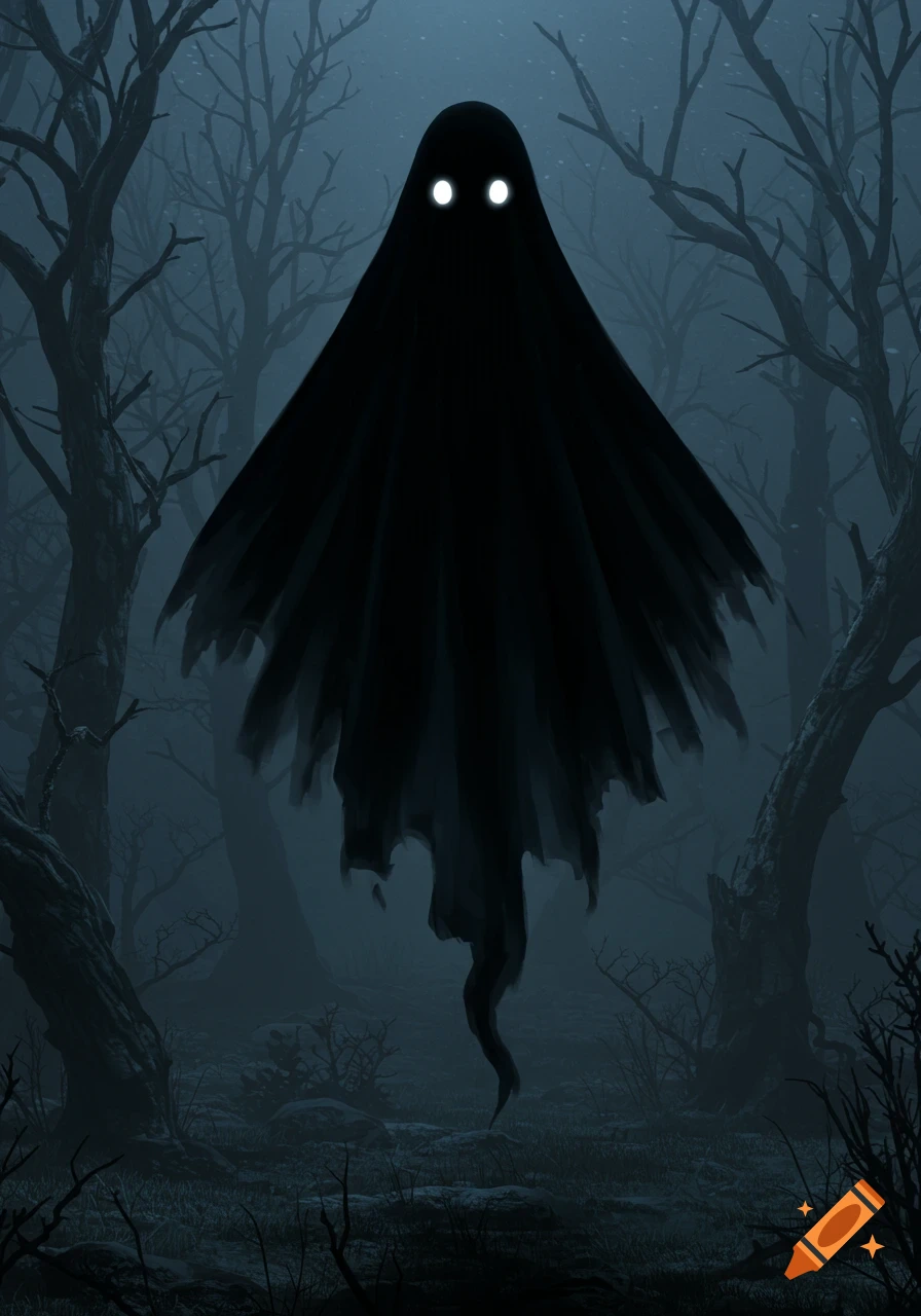 A dark, ominous ghost with glowing white eyes floats in a misty, dead forest, digital art.