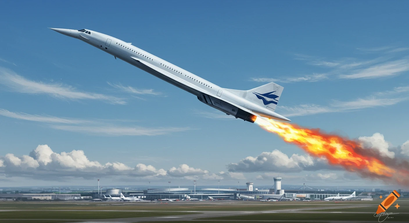 A white Concorde jetliner with a blue logo on its tail takes off from an airport runway, leaving a trail of orange flames from its engines, against a blue sky with scattered clouds.
