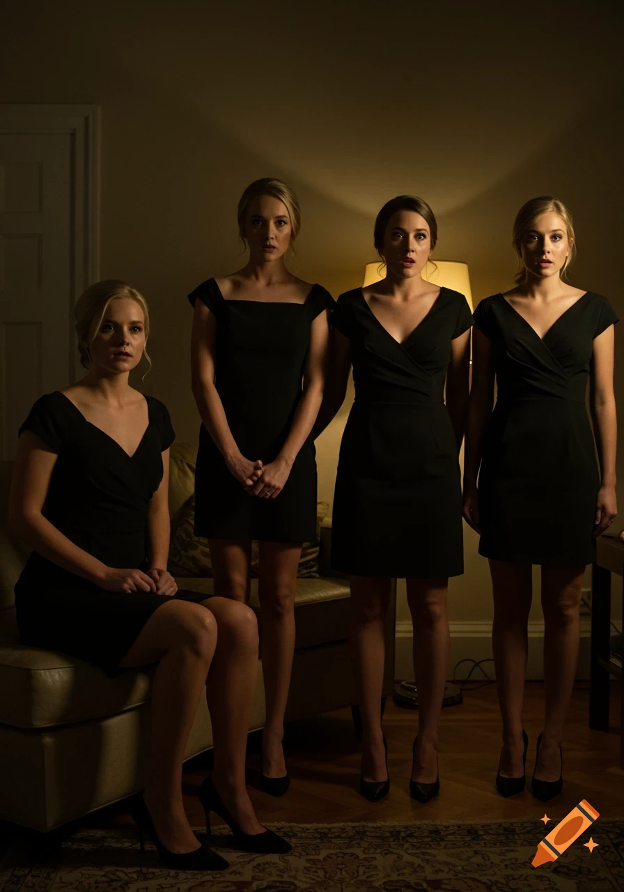 Four women in black cocktail dresses in a warmly lit living room, one seated and three standing, looking surprised, photorealistic.