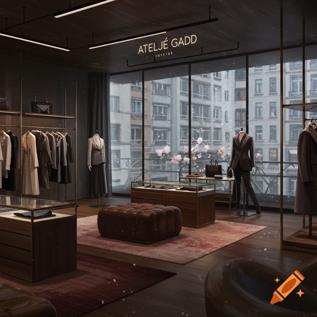 A well-lit luxury clothing boutique with mannequins displaying suits, racks of clothing, and leather furniture. Snow falls outside a large window.