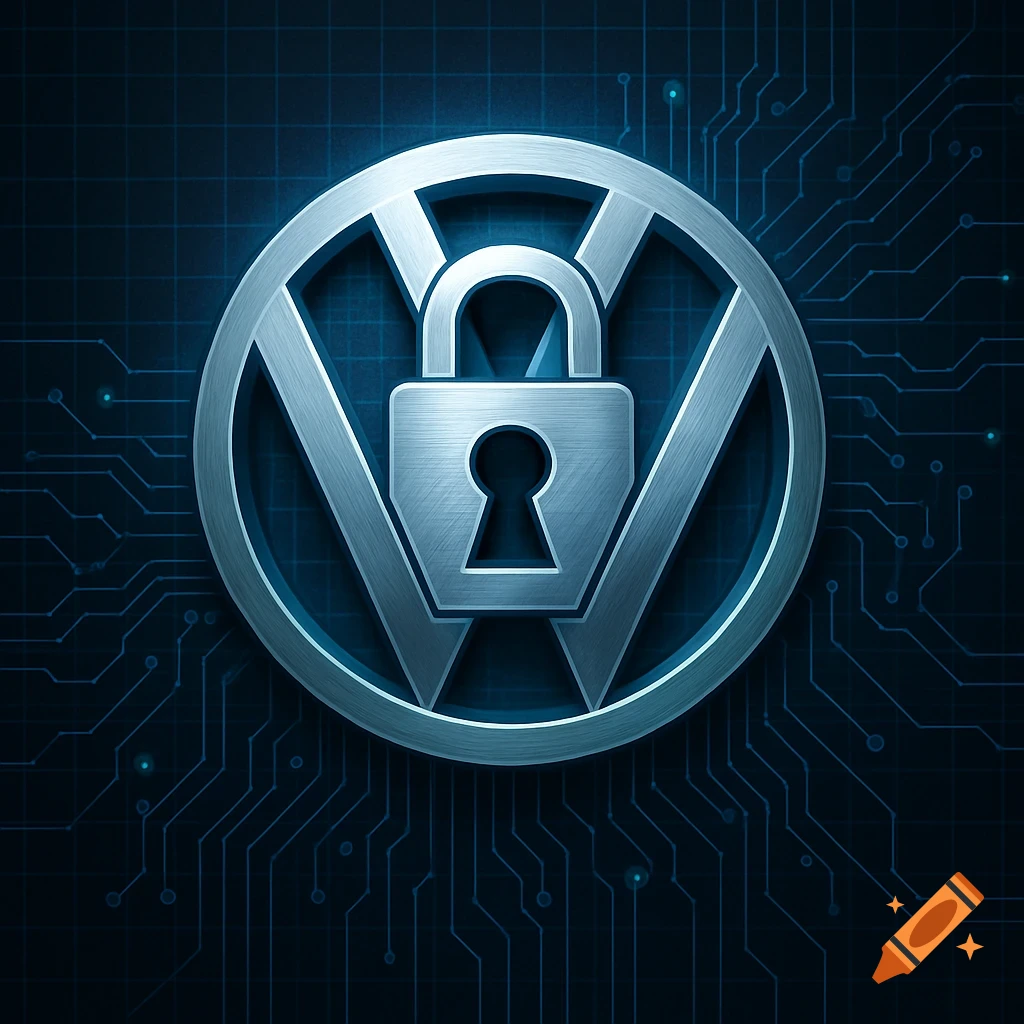 A metallic security emblem with a padlock icon and stylized V/W letters on a blue glowing circuit board background.