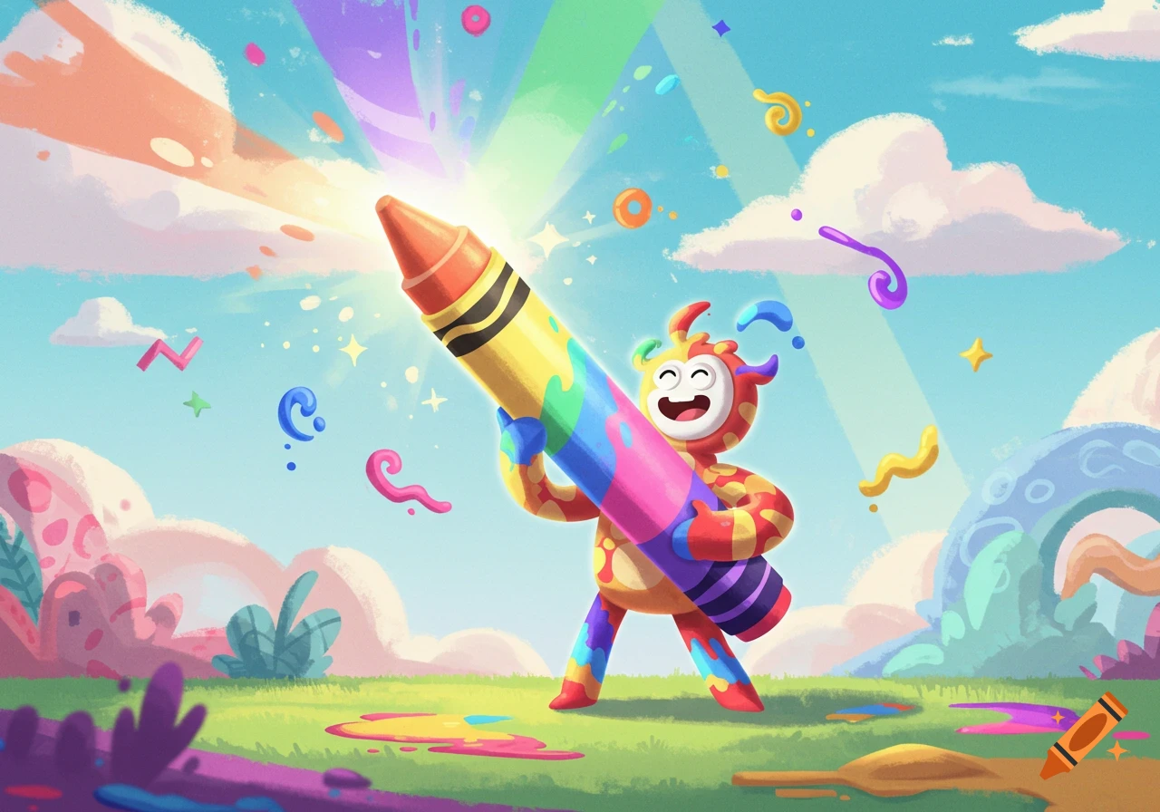 A cheerful, colorful cartoon creature holds a giant crayon that blasts a rainbow beam into a vibrant, whimsical landscape with paint splashes.