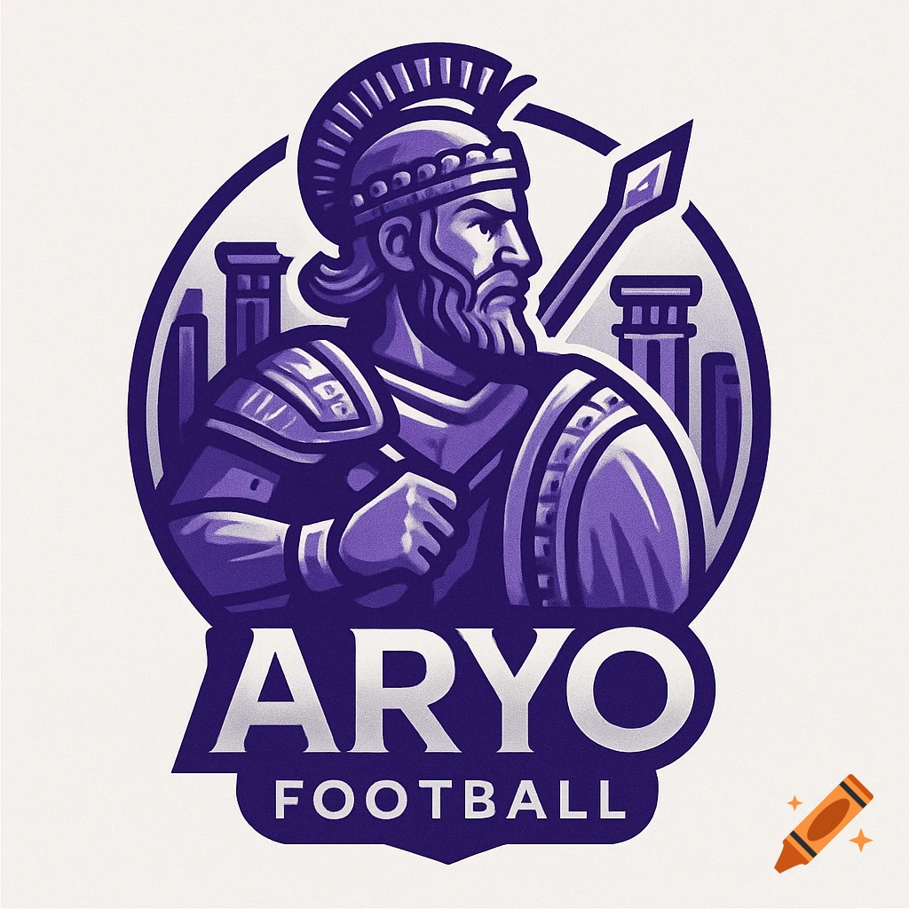 Purple vector logo of an Achaemenid warrior in profile holding a spear, with 'ARYO FOOTBALL' text below, against city columns.