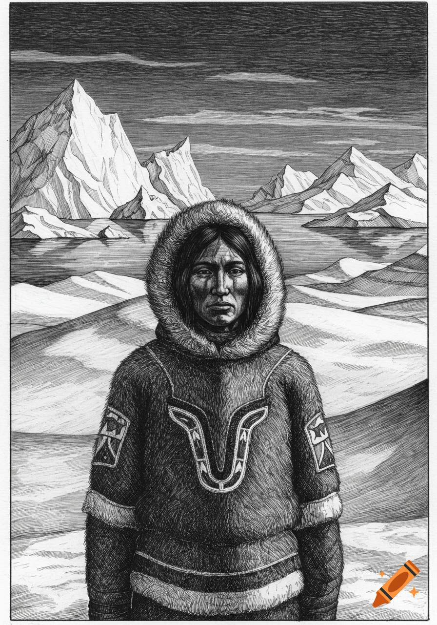 A graphic black and white drawing of an indigenous person in a fur parka in an arctic landscape with mountains and icebergs.