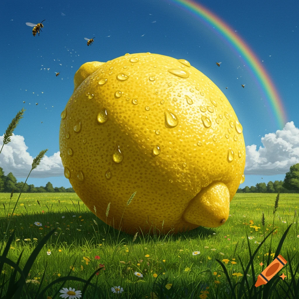 A giant lemon with water droplets rests in a green field with wildflowers, under a blue sky with a rainbow and bees.
