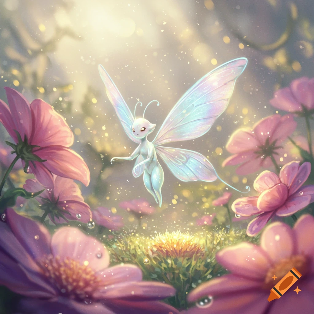 A luminous fairy with iridescent butterfly wings floats among pink and purple flowers in a magical, sunlit garden, illustrated.