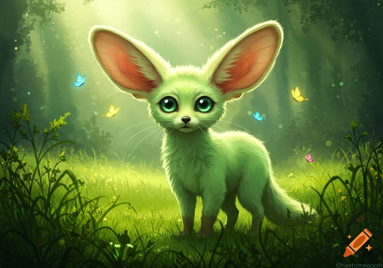 A cute, bright green fennec fox-like creature with large ears and huge, sparkling eyes stands in a lush, magical forest with glowing butterflies.