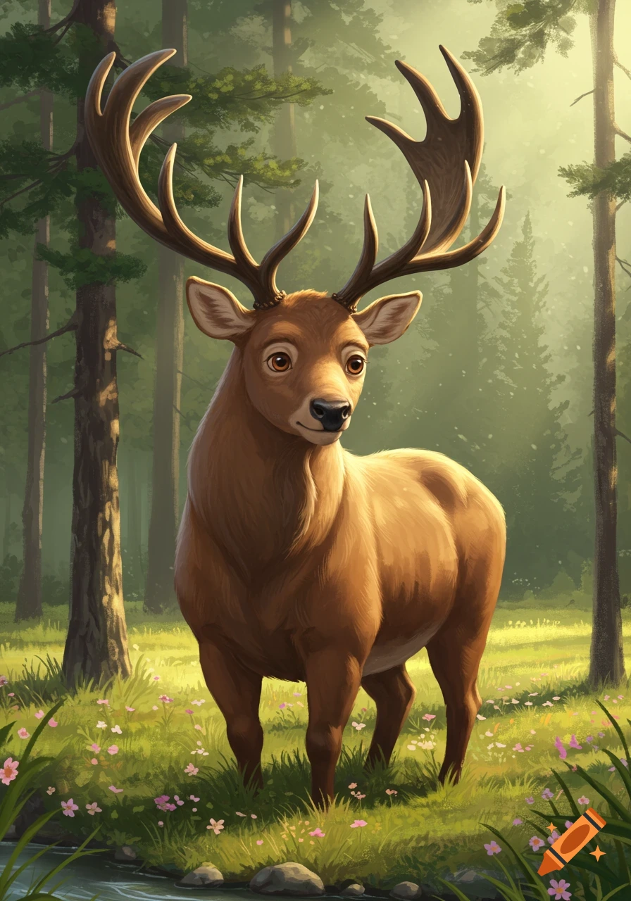 An illustrated brown deer with large antlers stands in a sunlit forest clearing with a small stream and pink wildflowers.