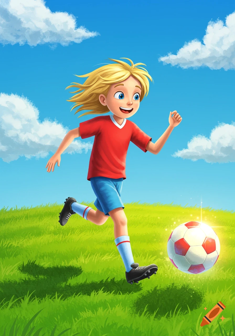 A happy blonde cartoon child in a red shirt and blue shorts runs on a grassy field, kicking a red and white soccer ball under a blue sky.