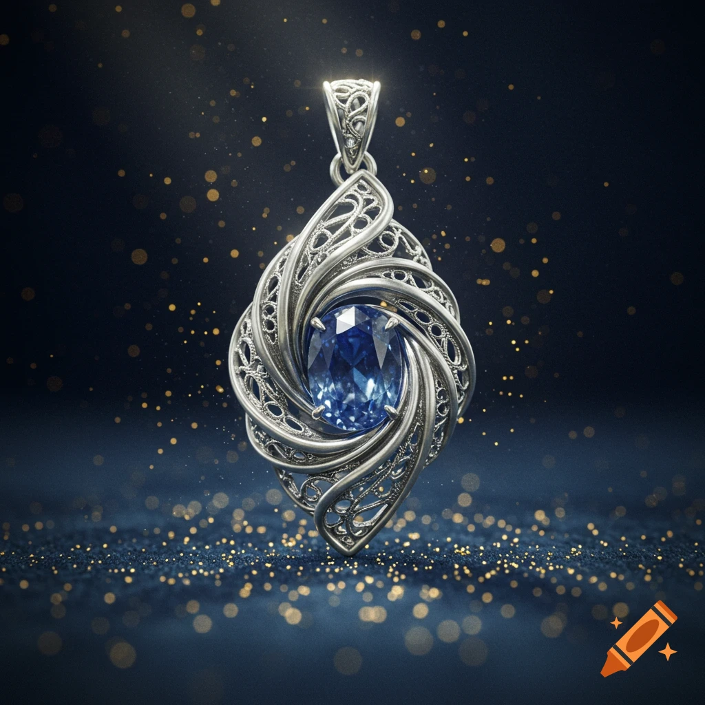 Intricate silver filigree pendant with an oval blue gemstone shimmering against a dark, sparkling background.