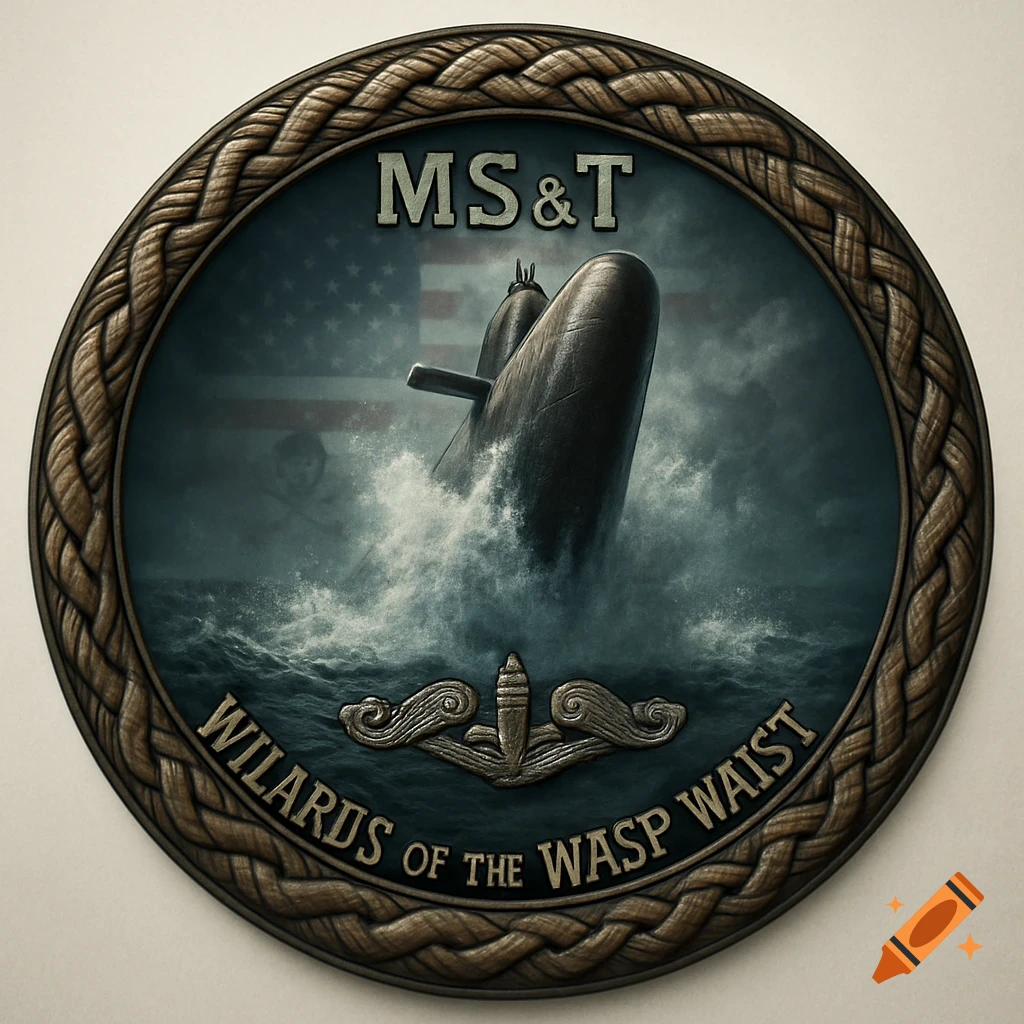 Circular military emblem with a submarine surfacing from stormy seas, an American flag background, braided rope border, and text.