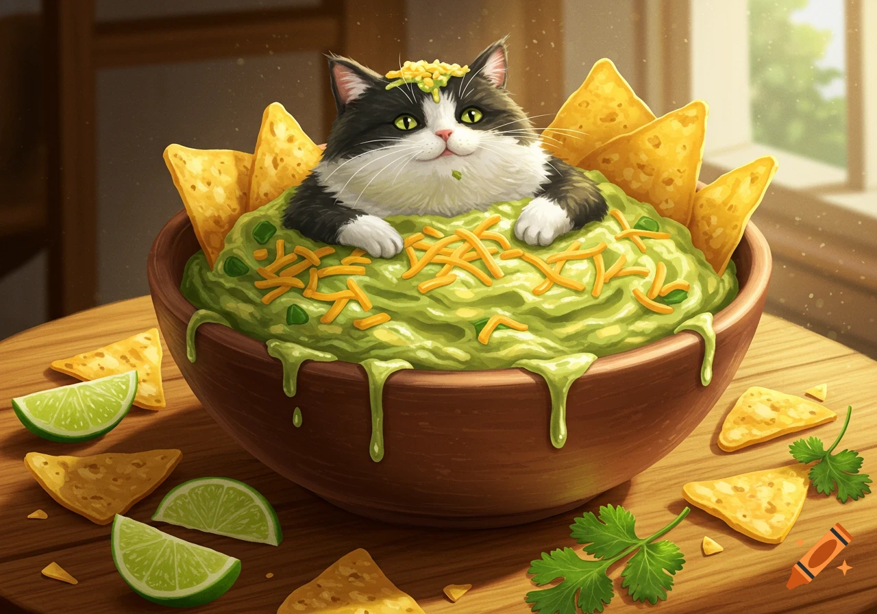 Fluffy black and white cat sits in a bowl of guacamole with cheese, tortilla chips, and lime on a wooden table, illustrative.