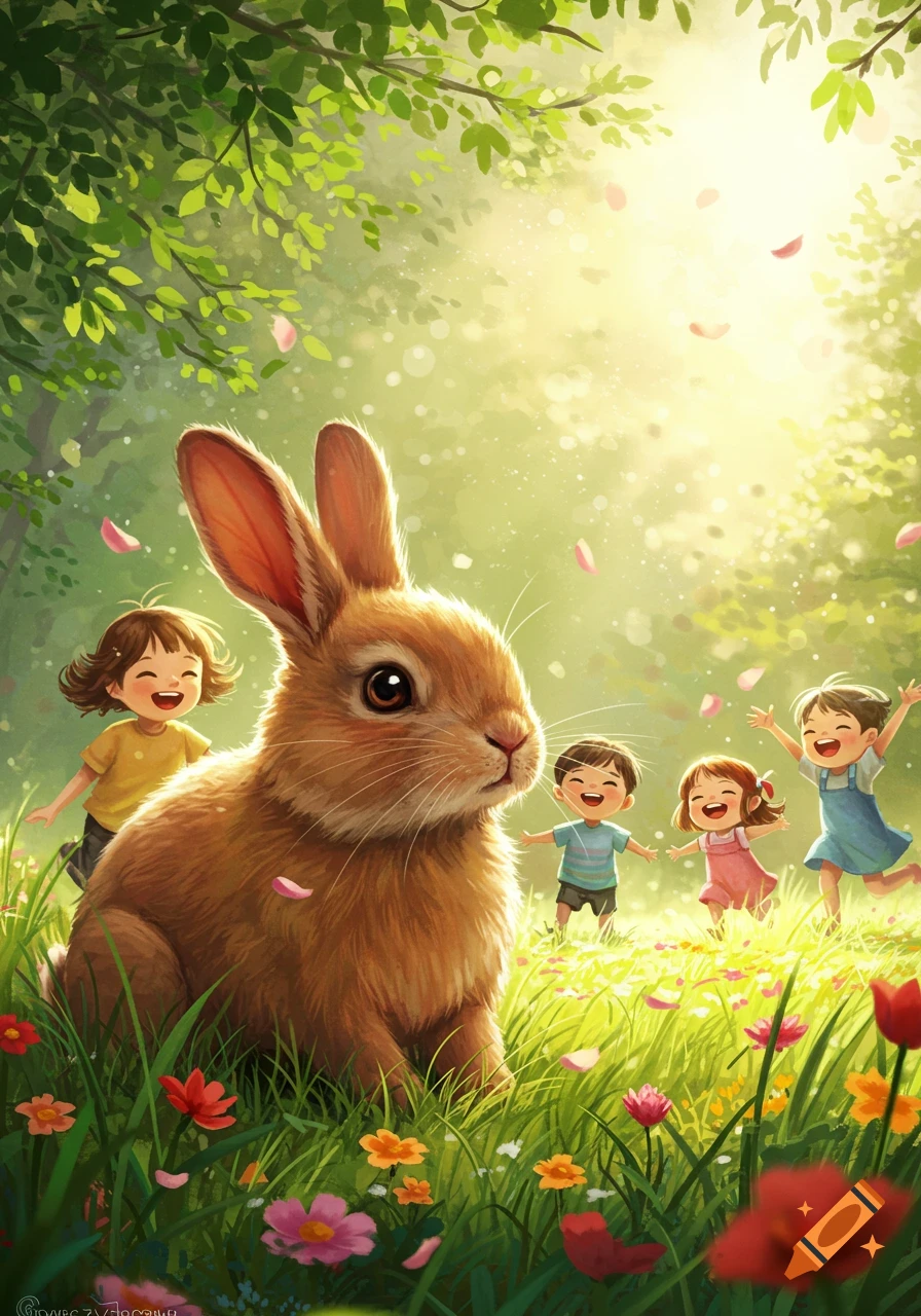 A whimsical illustration of a brown rabbit sitting in a sunny forest meadow with colorful flowers, while four happy children play in the background.