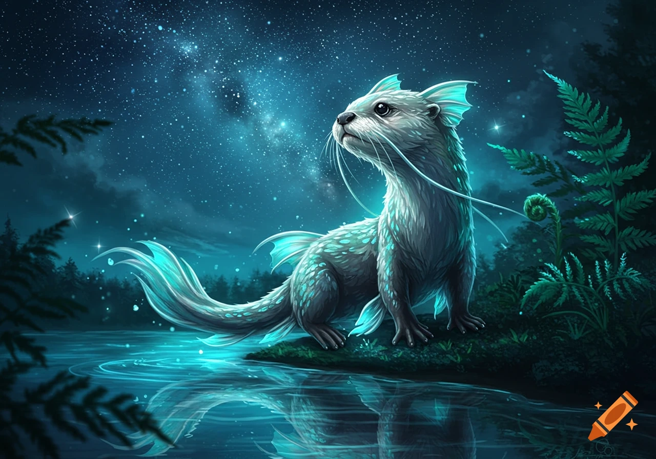 A fantasy otter-like creature with fins glows by a mystical river under a starry night sky.