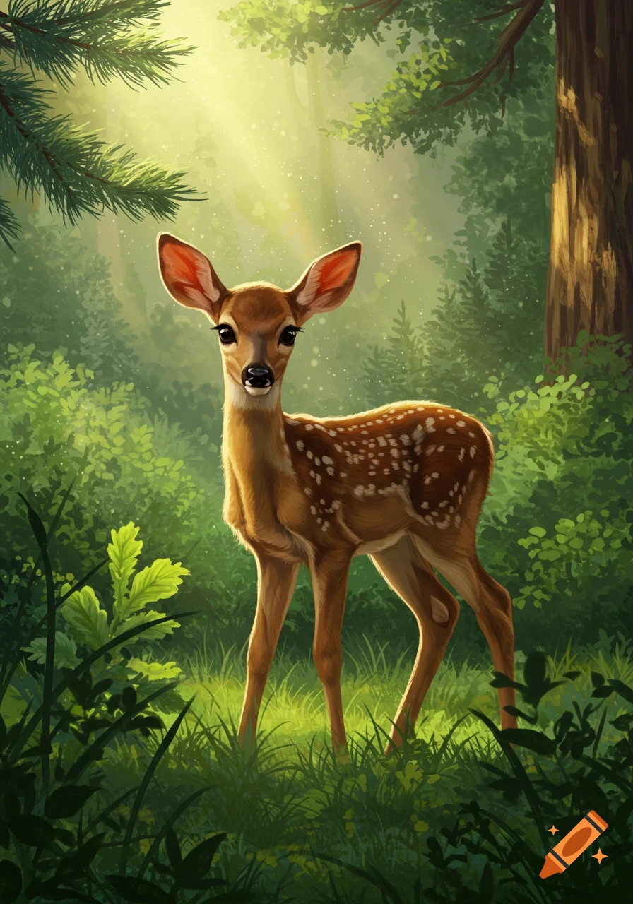 A spotted fawn stands gracefully in a sun-dappled forest clearing, surrounded by lush green foliage in an illustrative style.