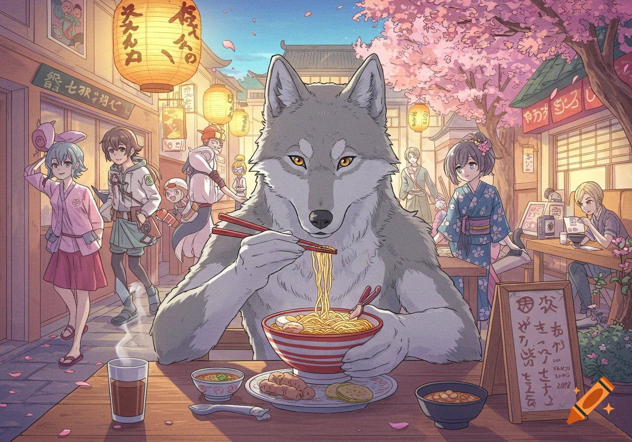 An anime-style gray wolf eats ramen with chopsticks at an outdoor restaurant in a vibrant Japanese street scene with cherry blossoms and other anime characters.
