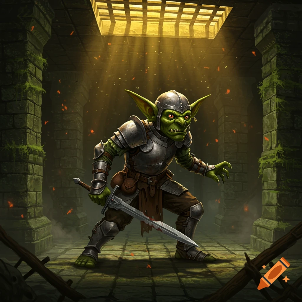 A green goblin in armor holds a bloody sword in a dark stone dungeon, illuminated by light rays from above.