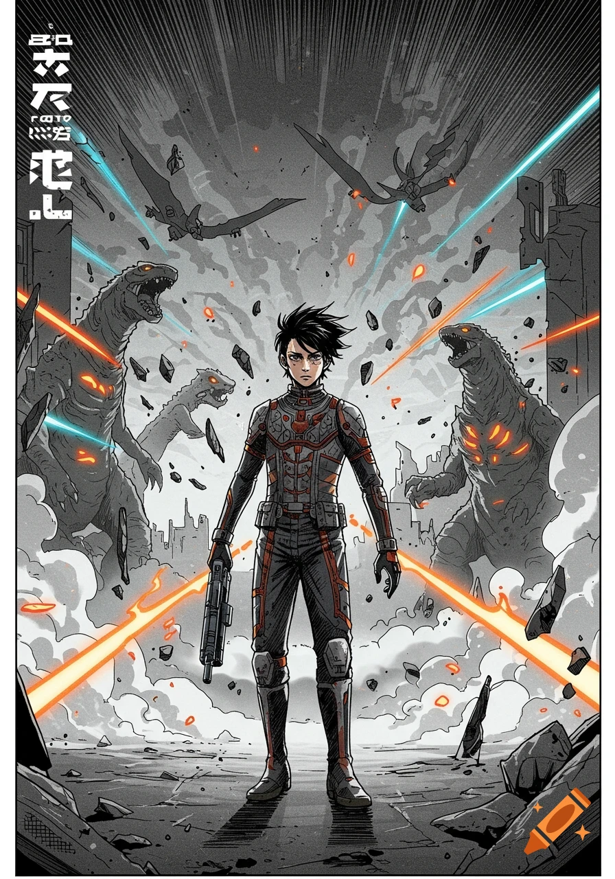 Manga-style comic cover of a dark-haired character holding a gun, standing in a destroyed city with kaiju monsters and flying creatures.