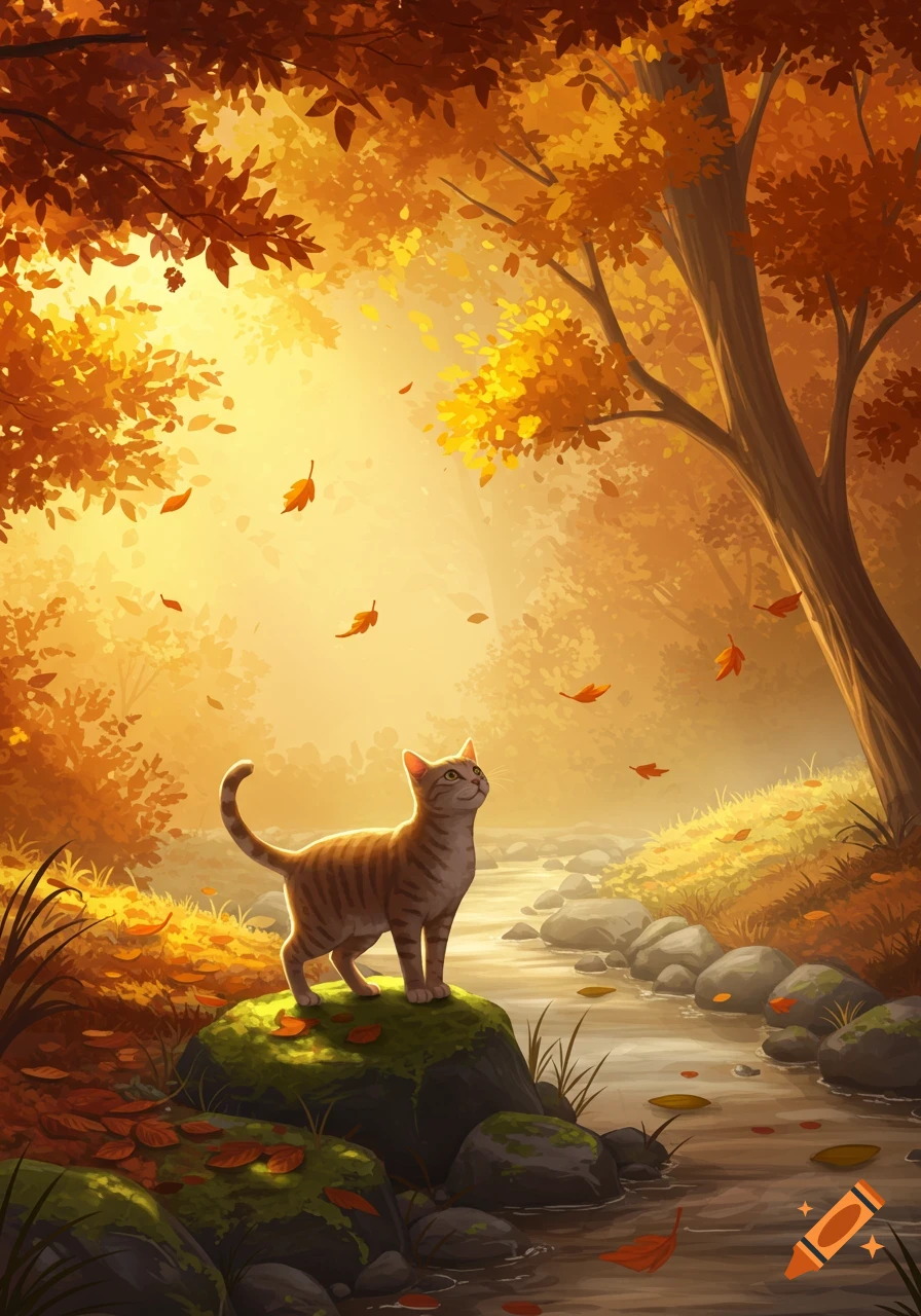 A tabby cat stands on a mossy rock by a stream in a warm, golden autumn forest, depicted in a digital painting.