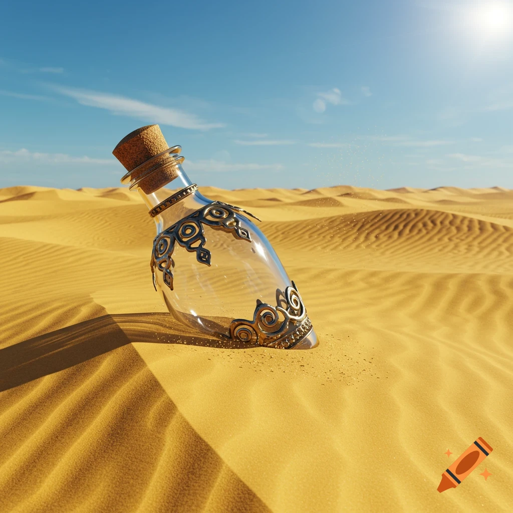 A clear glass vial with intricate metallic adornments and a cork stopper rests in the golden, rippled sand dunes of a vast desert under a bright blue sky.