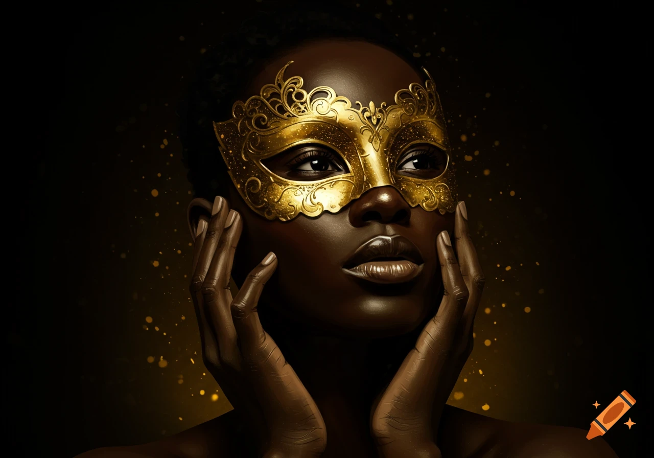 Close-up portrait of a young Black woman wearing an elaborate golden mask, hands framing her face, with dark and gold lighting.