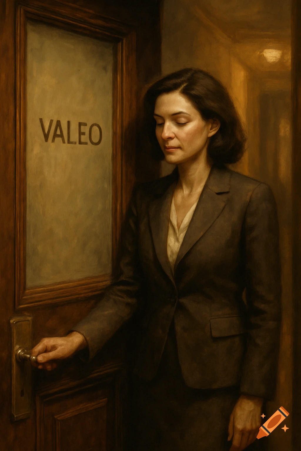 A painting of a woman in a brown suit closing a door with 'VALEO' on its glass panel.