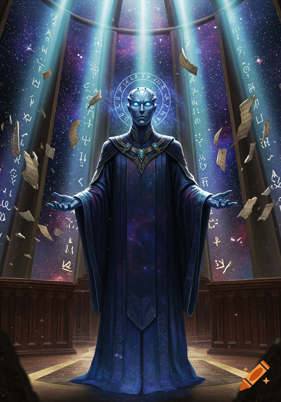 A blue-skinned alien judge with glowing eyes and dark cosmic robes stands with open hands, surrounded by floating scrolls and glowing mystical runes in a grand, dark chamber. Stylized illustration.